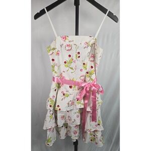 Girls Size 7 Cherry Strawberry Floral Tiered Ruffle Dress Pink Ribbon Sundress